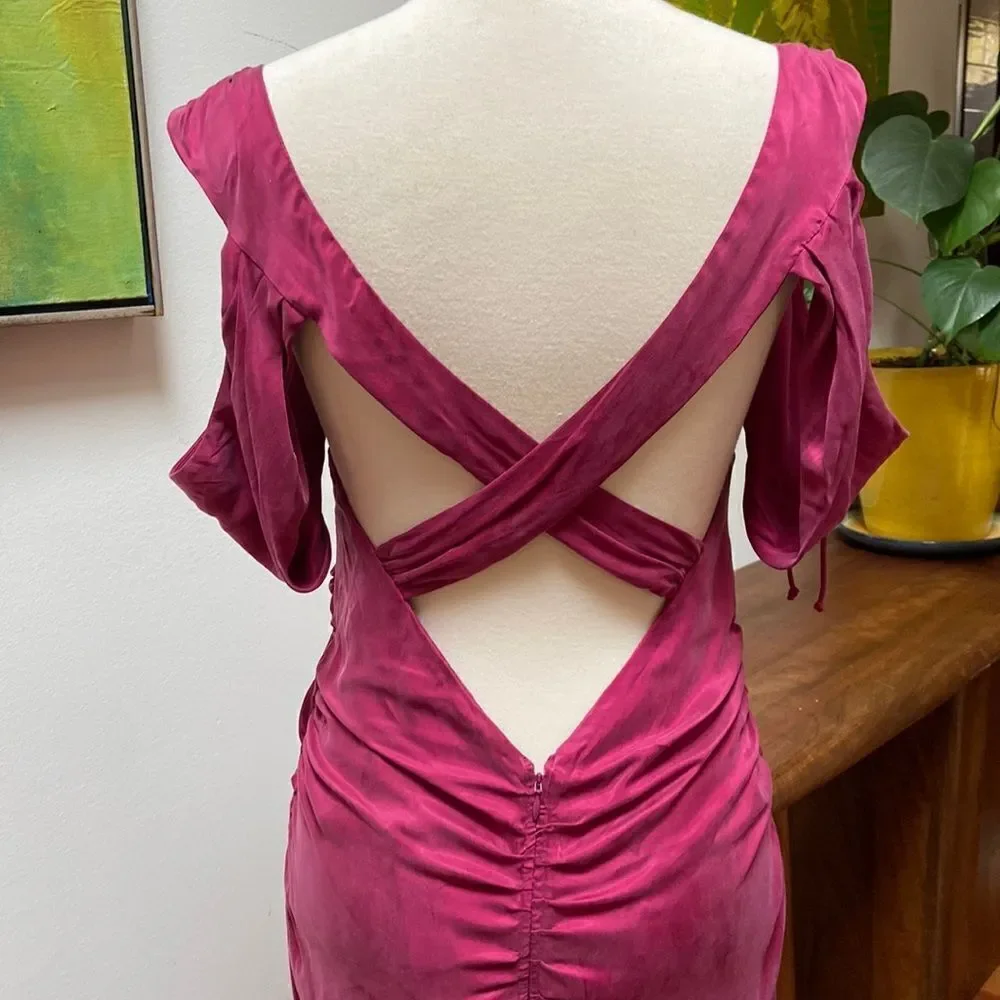 For Love & Lemons Beth Midi Dress Dark Magenta Pink w Draped Sleeves Large NWT - Picture 2 of 12